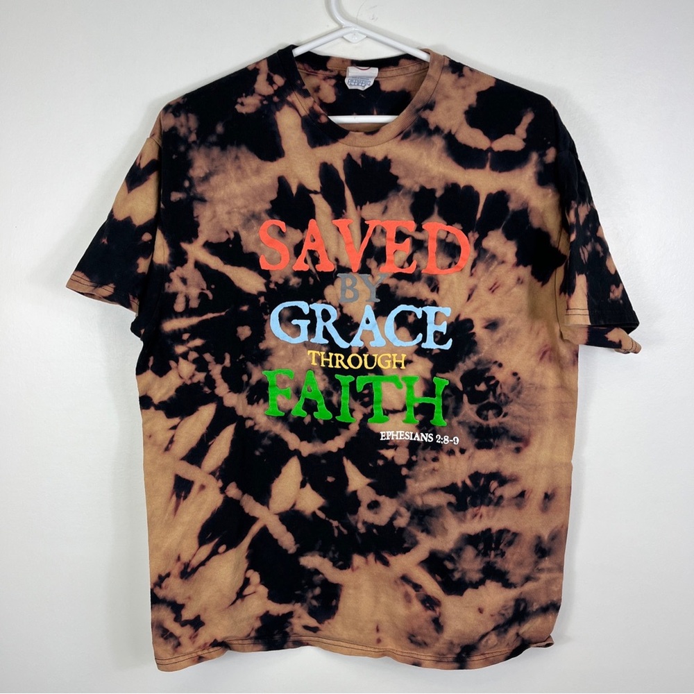 Religious Jesus Tee Y2ks Lrg Saved By Grace Through Faith Ephesians Bleach Dye